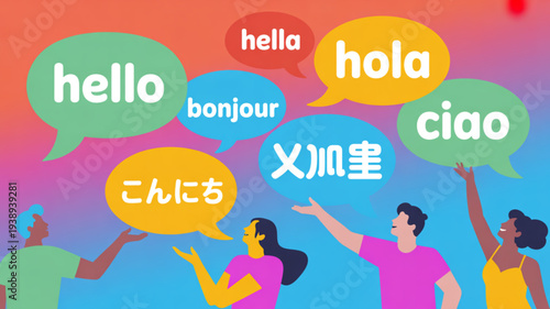Diverse people greeting in multiple languages with colorful speech bubbles on vibrant background