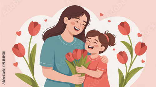 Mother and daughter sharing a tender moment with tulips and hearts