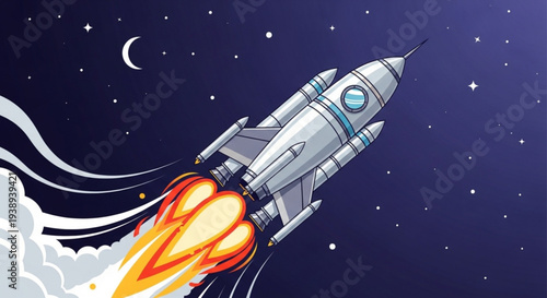 Stunning silver rocket launching into starry night sky with crescent moon