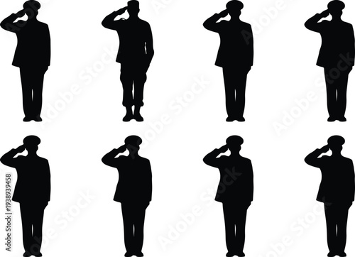 Eight black silhouette icons of soldiers in military uniform, each executing a salute, symbolizing respect, duty, and armed forces on a plain white background.