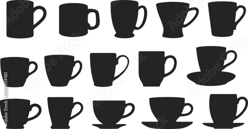 Coffee cup and mug silhouette collection, various ceramic drinkware shapes isolated on white background, espresso and tea cups set for cafe menu design