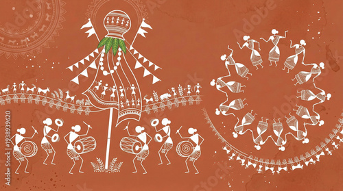 Traditional Gudi Padwa festival with Warli art folk figures