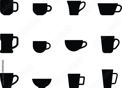 Collection of black coffee cup silhouettes icons set featuring various mug shapes isolated on white background, minimal vector style for cafe menu design branding