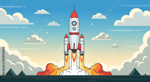 Modern rocket launch with vibrant flames and clouds