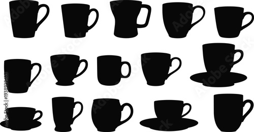 Collection of coffee cup and mug silhouettes, various drinkware shapes isolated on white background, cafe beverage containers, ceramic mug set illustration for cafe branding design