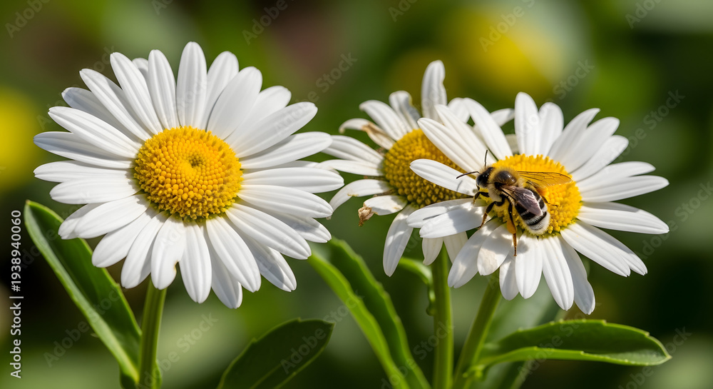 Fototapeta premium A bee collecting nectar from a white daisy flower in a natural outdoor setting on transparent background