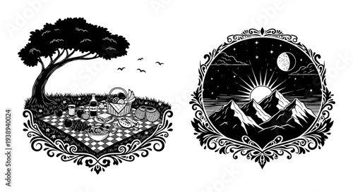Set of 2 black and white landscape icons vector