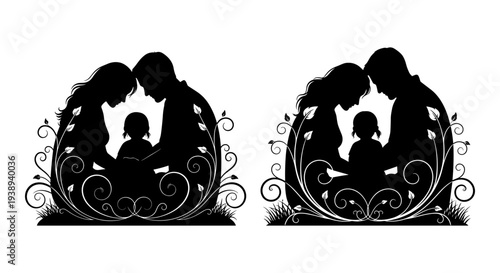 Set of 2 family silhouette vector icons