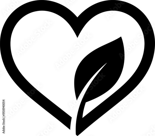 A black and white heart with a leaf inside Vector
