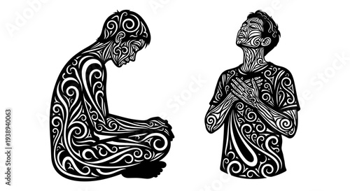 Set of 2 tribal patterned men vector illustrations