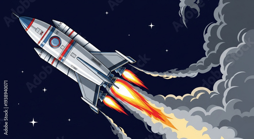 Modern rocket launching into starry night sky with smoke trail