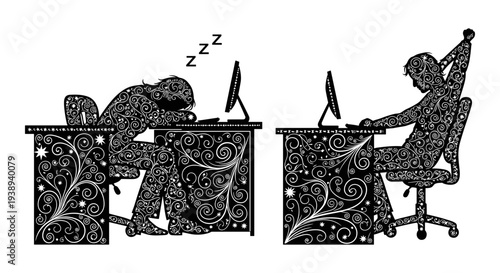 Vector illustration of two people working at computer desks