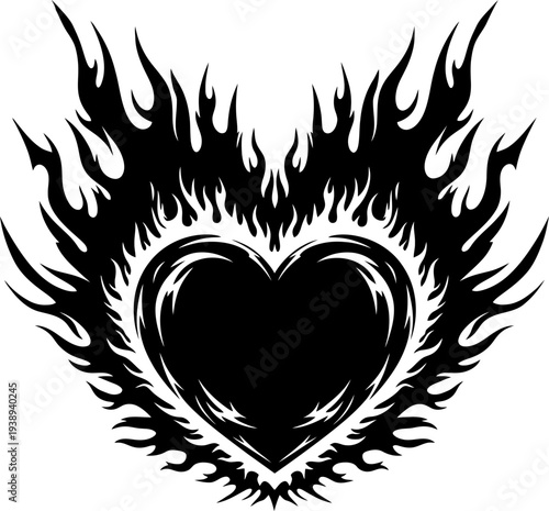 A black heart surrounded by flames on a white background Vector