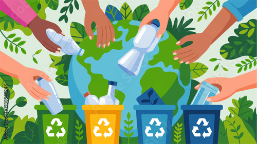 Hands holding recyclable materials over colored recycling bins around the earth with green leaves