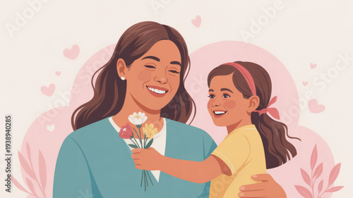Smiling mother and daughter sharing a warm moment with flowers and pink background