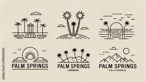Palm springs california desert landscape icons with palm trees and mountains travel and tourism symbols