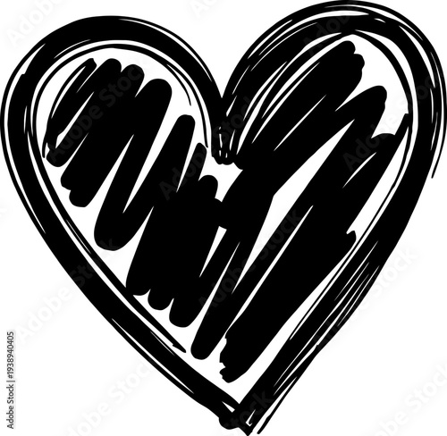 A black heart with scribbled lines inside Vector