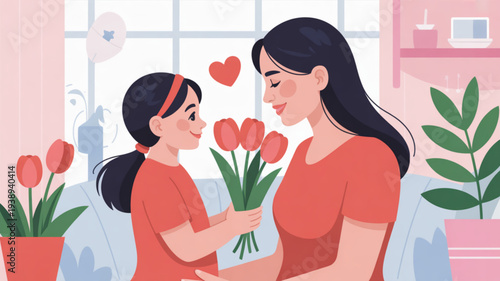 Mother and daughter exchanging flowers in cozy home with pink decor