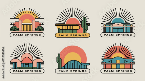 Vibrant palm springs cityscape icons with sunsets and buildings in retro style for travel and tourism branding