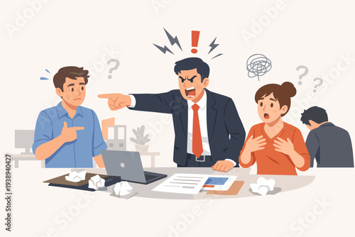 Angry boss shouting and pointing finger at employee in office, toxic workplace environment with manager blaming team for mistakes, stressed colleagues and conflict at work concept vector
