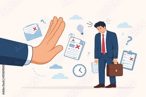 Sad businessman facing rejection with a giant hand gesture, job application denied, loan or insurance request refused, documents with red cross marks, professional failure and disappointment concept
