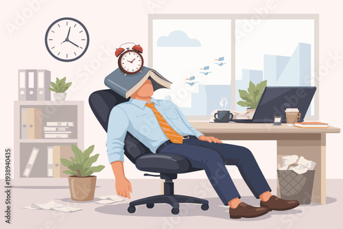 Tired office worker procrastinating and sleeping at desk with book over face and alarm clock, concept of afternoon slump, laziness, burnout, and lack of motivation in professional workspace.