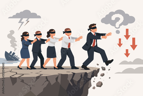 Blindfolded Business People Following Leader Off Cliff, Concept of Bad Leadership, Economic Crisis, Business Failure, Risk, Uncertainty, and Blind Faith in Wrong Direction Vector Illustration