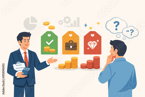 Professional businessman presenting three pricing tiers and service models to a client, financial advisor explaining cost options with icons of coins, briefcase, and diamond for value levels.