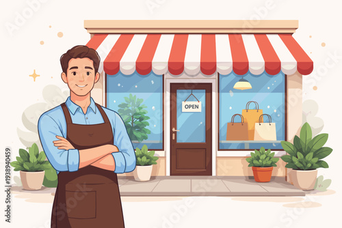 Smiling young male entrepreneur standing proudly in front of his small retail shop or boutique with a red and white striped awning and an open sign, representing local business ownership and success.