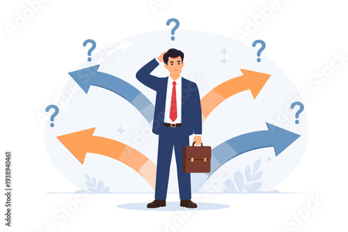 Confused businessman in suit holding briefcase standing at a crossroads with multiple arrows pointing in different directions and question marks, concept of decision making, career dilemma.