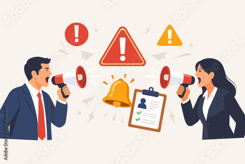 Professional Business People Shouting into Megaphones for Job Vacancy Announcement, Hiring Promotion, Important Company Message, Warning Alert, and Corporate Communication Concept Illustration