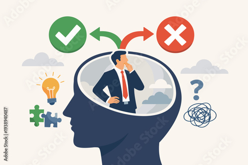 Decision Making and Logical Thinking Concept with Businessman Choosing Between Right or Wrong, Correct or Incorrect, Solving Problems with Critical Thinking, Ethics, and Strategic Mindset.