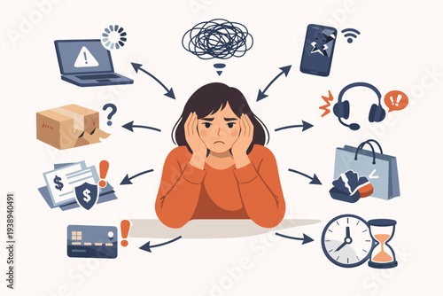 Vector Illustration of a Stressed Woman Surrounded by Customer Pain Points like Broken Technology, Financial Bills, Damaged Deliveries, and Time Pressure for Business Problem Solving Concept.