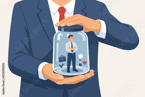 Businessman Holding a Glass Jar Protecting a Valued Employee or Customer, Concept for Talent Management, Employee Retention, Reducing Churn Rate, Building Company Loyalty, and Human Resources CRM.