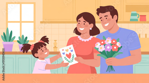 Happy family in kitchen with child giving mother card and father holding flowers celebrating special occasion together