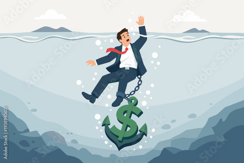 Businessman sinking underwater chained to a dollar sign anchor, representing sunk cost fallacy, financial debt, investment failure, economic crisis, and the heavy burden of money problems.