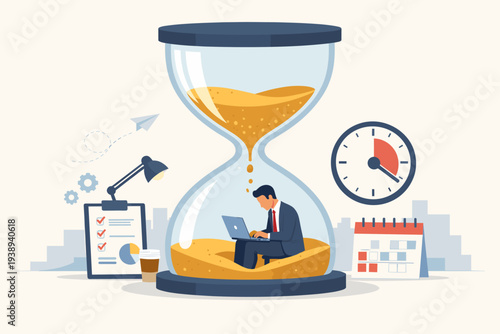 Businessman working on laptop inside a large hourglass representing time management and deadline pressure with clock calendar and checklist icons for productivity and project completion concept.