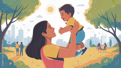 Happy mother lifting child in the air at sunny park with city skyline background joyful family moment vibrant outdoor scene with trees and people