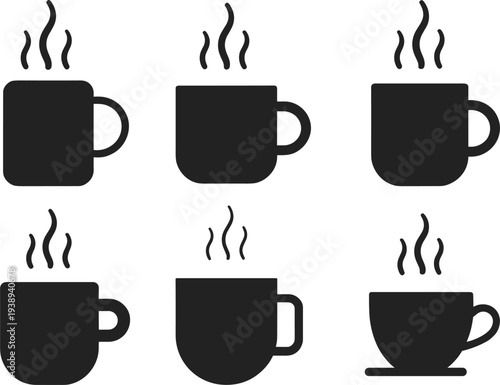 Hot coffee cup silhouette icon set with steam lines featuring various mug and teacup shapes isolated on white background, minimal vector cafe drink symbols