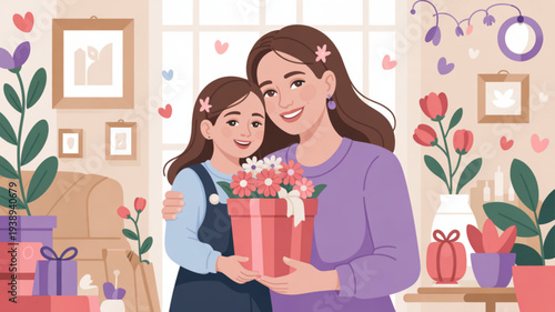 Mother and daughter embracing in a cozy living room with flowers and gifts warm atmosphere pastel colors tender moment happy family loving relationship