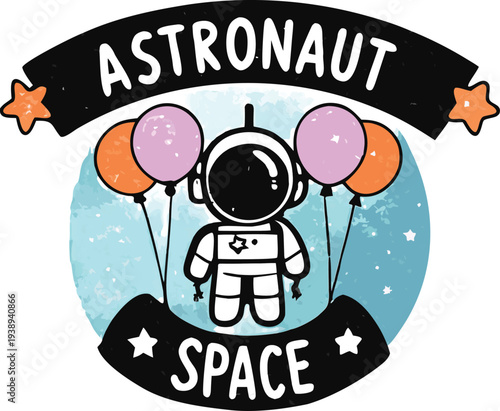 Cute Cartoon Astronaut Floating with Balloons in Outer Space Vector Illustration
