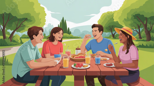 Four friends enjoy a meal together outdoors in a park on a sunny day with food and drinks on the table