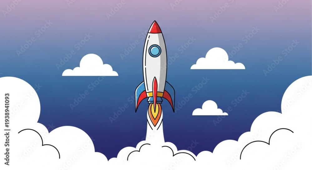 Fototapeta premium Vibrant cartoon rocket launching into sky with clouds