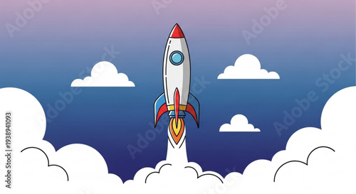 Vibrant cartoon rocket launching into sky with clouds