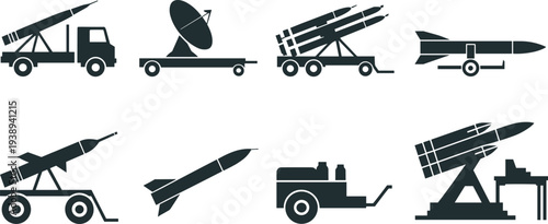 Black and white of various military rockets and launchers on flat background