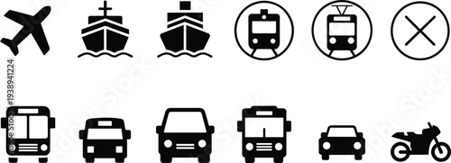 Black and white of various transportation modes including airplane, ships, train, bus, cars, and motorcycle 1