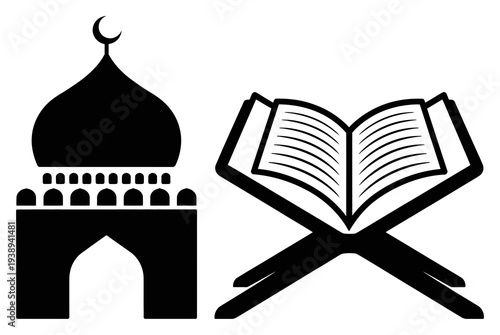 Islamic Mosque Dome and Open Holy Book on Stand