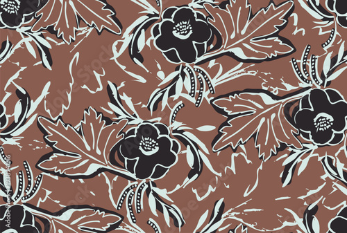 Seamless abstract block print floral pattern. Grunge linocut flower background in brown and navy. Boho autumn textile design.