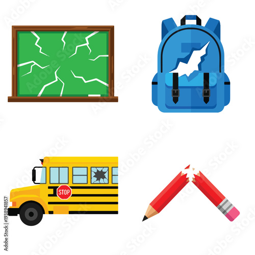 Education in Conflict Zone and Destroyed School Icon Set