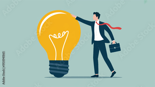 Businessman in suit holding briefcase touches large yellow lightbulb with red cape flying behind him on blue background